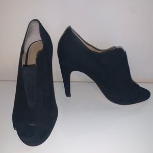 Black Suede Peep-toe Slip-on Bootie Heels